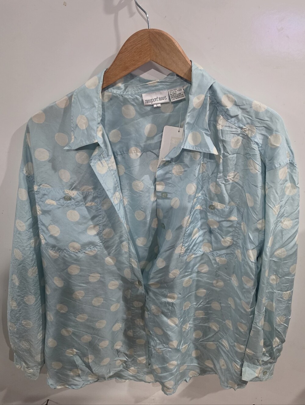 NWT Newport News Pale Blue White Polka Dot Button Down Shirt Size L